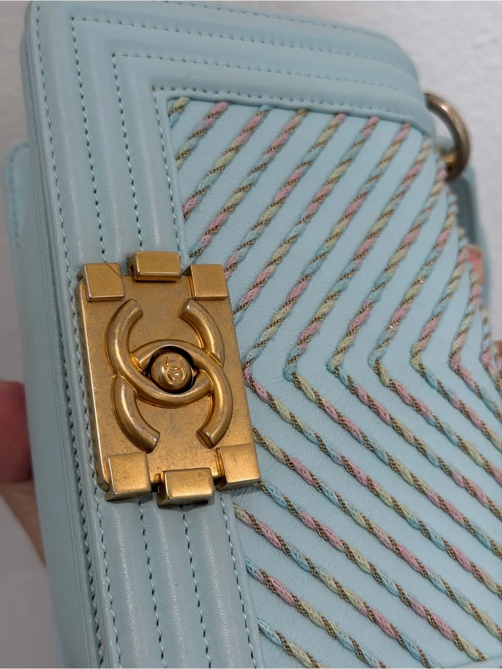 CHANEL Light Blue Chevron Quilted Boy Flap Shoulder Bag with Gold Hardware